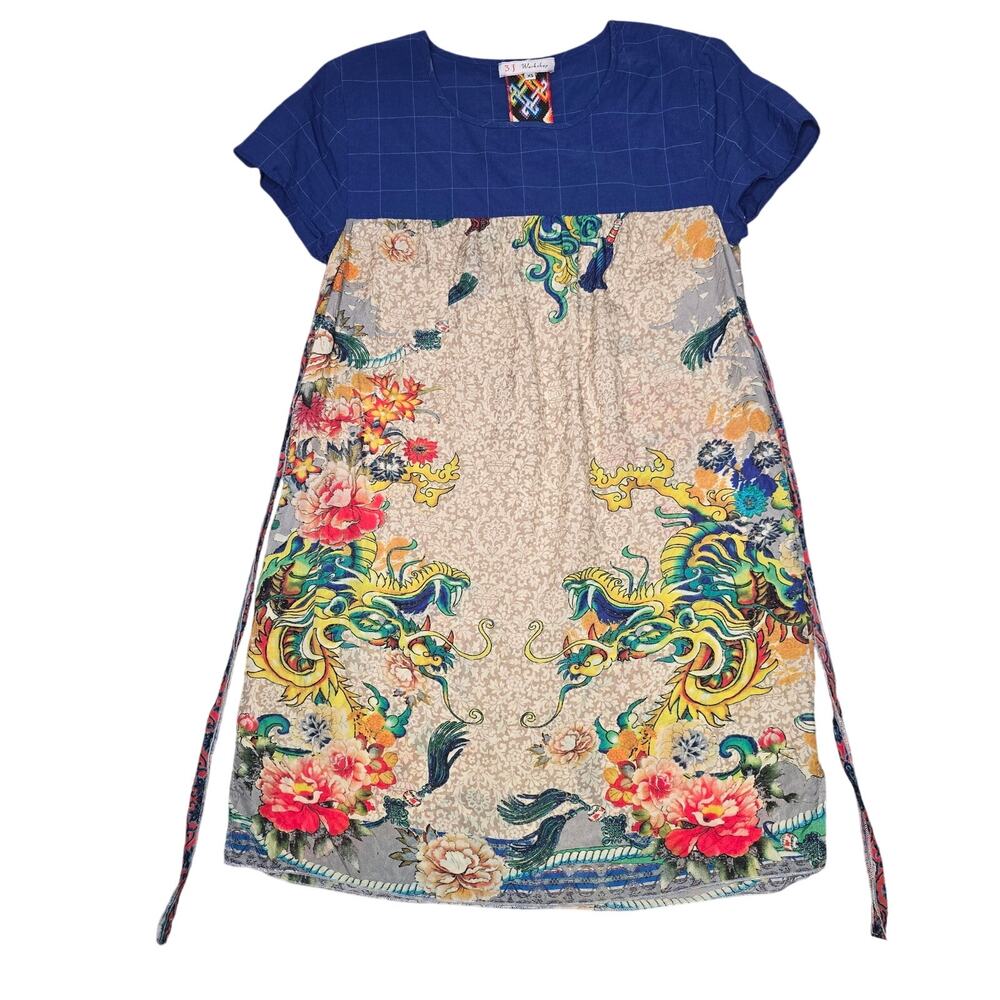 Johnny Was 3 J Workshop Womens XS Boho Dragon Floral Silky Scarf T-shirt Dress